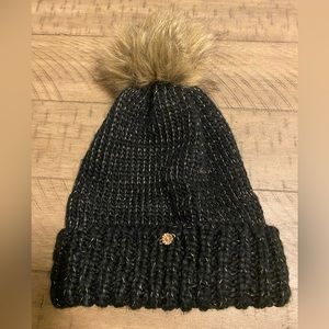 Lauren Conrad Black Cuff Beanie with Faux Fur Pom Pom